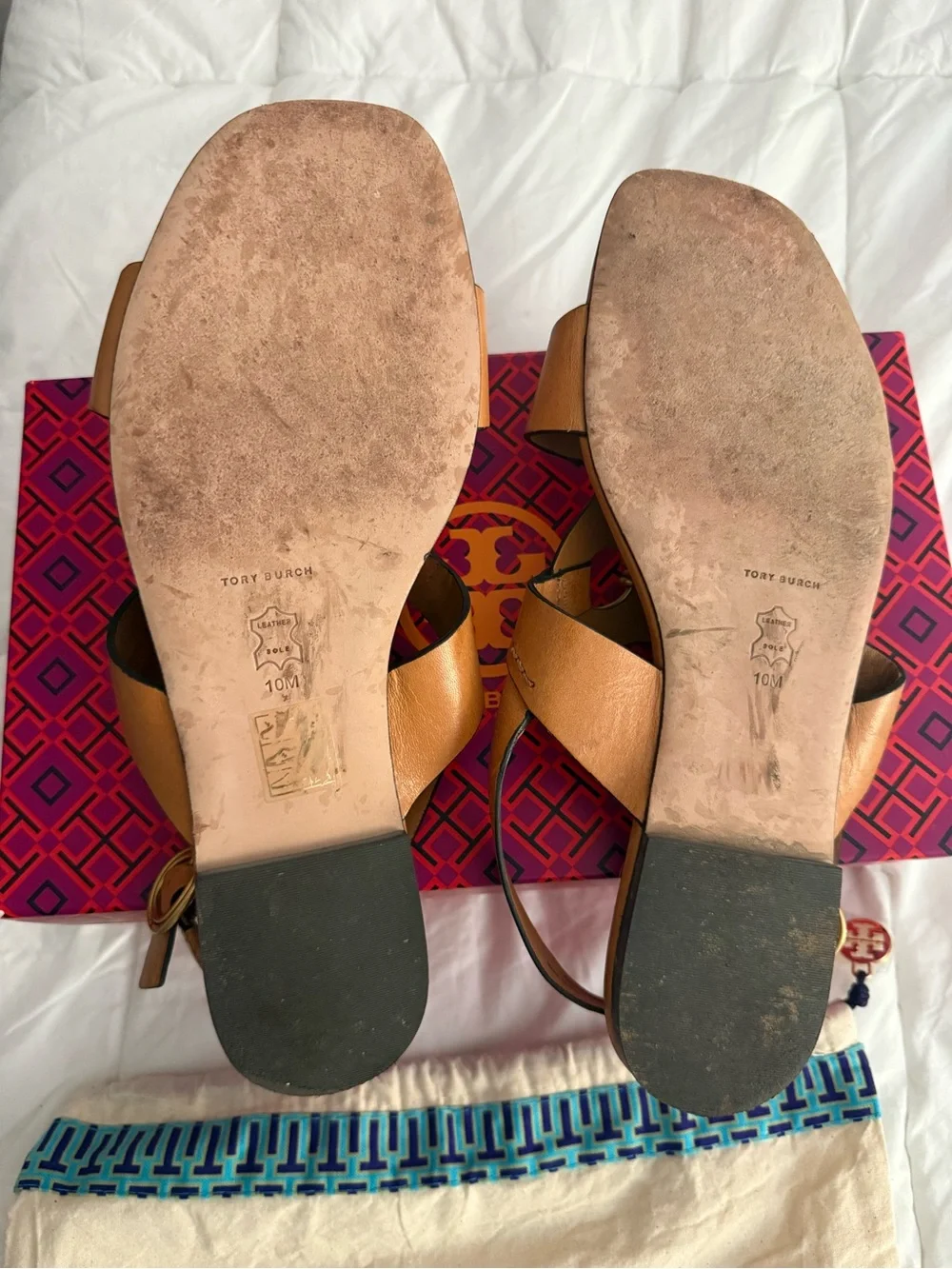 Tory Burch Tan Leather Slingback Sandals with Gold Rings